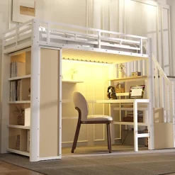 ModernLuxe Lit mezzanine 90x200cm - structure en fer - bureau - rangements - LED - escalier - blanc (matelas non inclus) Outlet