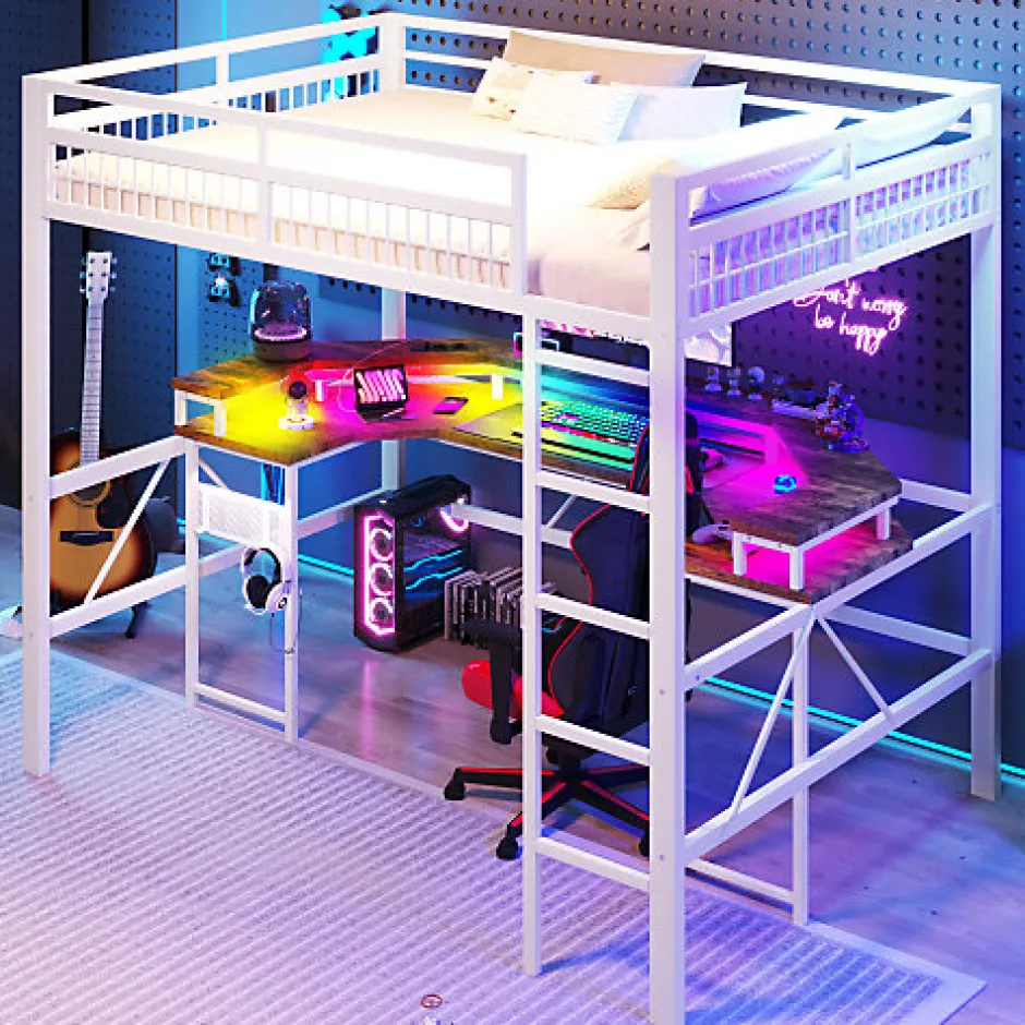 ModernLuxe Lit mezzanine 140x200cm - structure en fer - bureau intégré - LED - USB et prise - blanc (matelas non inclus)