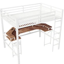 ModernLuxe Lit mezzanine 140x200cm - structure en fer - bureau intégré - LED - USB et prise - blanc (matelas non inclus)