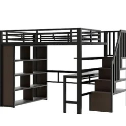 ModernLuxe Lit mezzanine 140x200cm - structure en fer - bureau - rangements - LED - escalier - noir (matelas non inclus) Sale