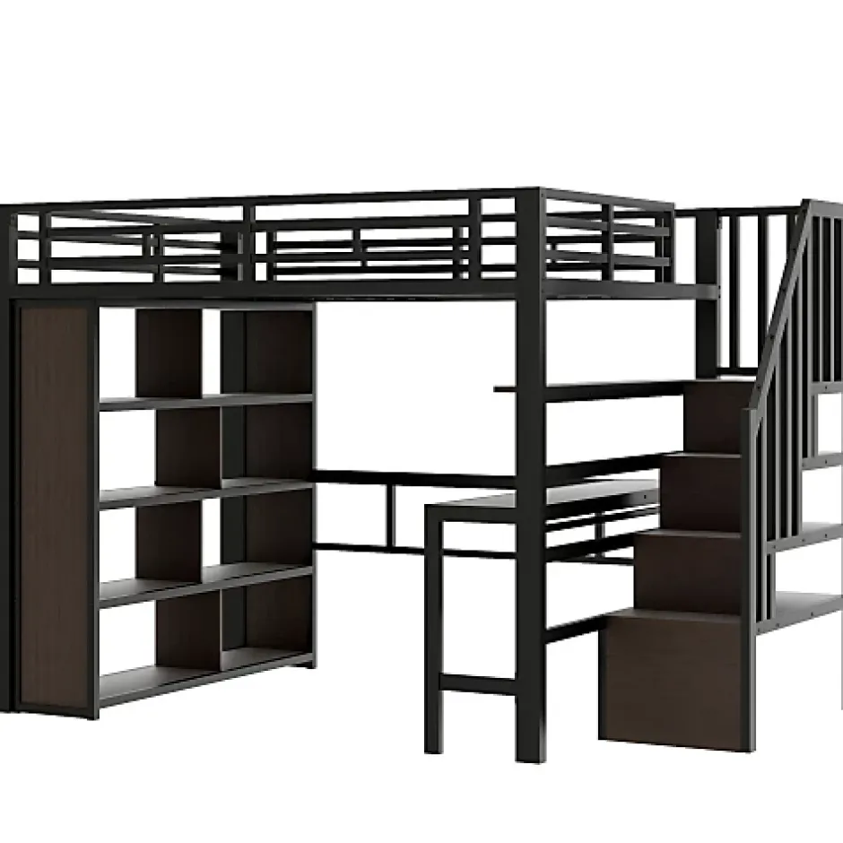 ModernLuxe Lit mezzanine 140x200cm - structure en fer - bureau - rangements - LED - escalier - noir (matelas non inclus) Sale