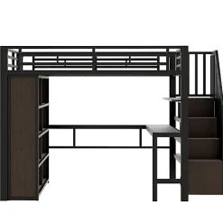 ModernLuxe Lit mezzanine 140x200cm - structure en fer - bureau - rangements - LED - escalier - noir (matelas non inclus) Sale