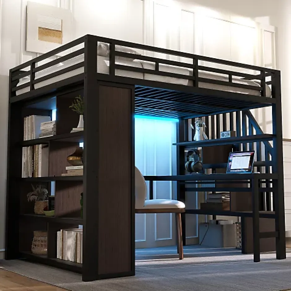 ModernLuxe Lit mezzanine 140x200cm - structure en fer - bureau - rangements - LED - escalier - noir (matelas non inclus) Sale
