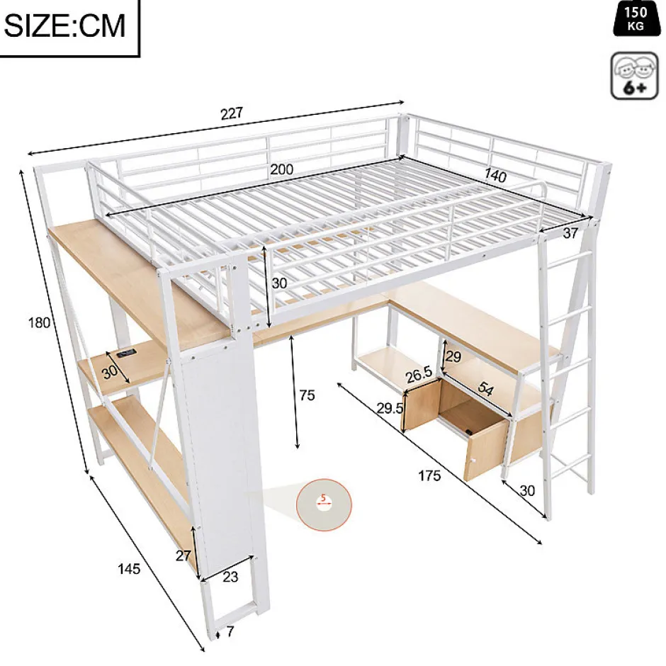 ModernLuxe Lit mezzanine 140x200cm - structure en fer - bureau avec étagère - LED - port USB - blanc (matelas non inclus)