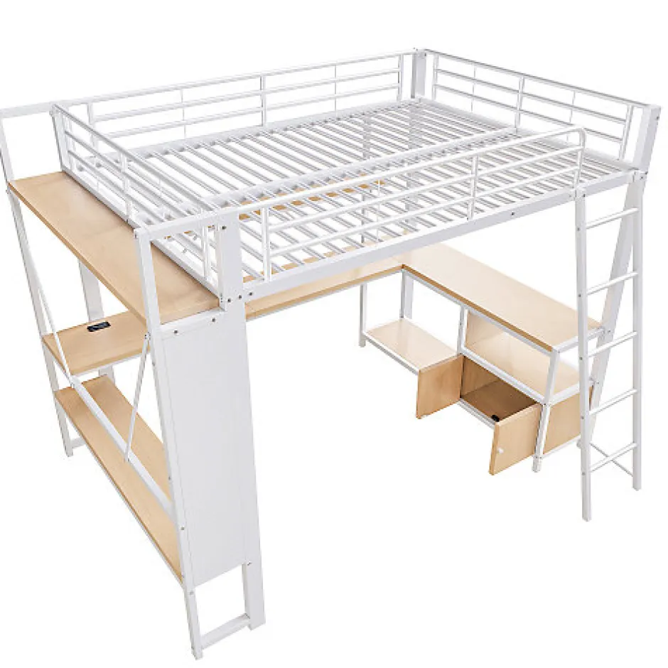 ModernLuxe Lit mezzanine 140x200cm - structure en fer - bureau avec étagère - LED - port USB - blanc (matelas non inclus)