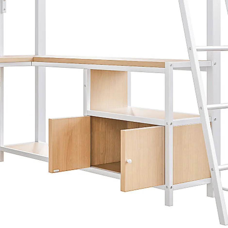 ModernLuxe Lit mezzanine 140x200cm - structure en fer - bureau avec étagère - LED - port USB - blanc (matelas non inclus)