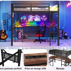 ModernLuxe Lit mezzanine 140x200cm - structure en fer - bureau intégré - LED - USB et prise - noir (matelas non inclus) Sale