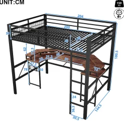 ModernLuxe Lit mezzanine 140x200cm - structure en fer - bureau intégré - LED - USB et prise - noir (matelas non inclus) Sale