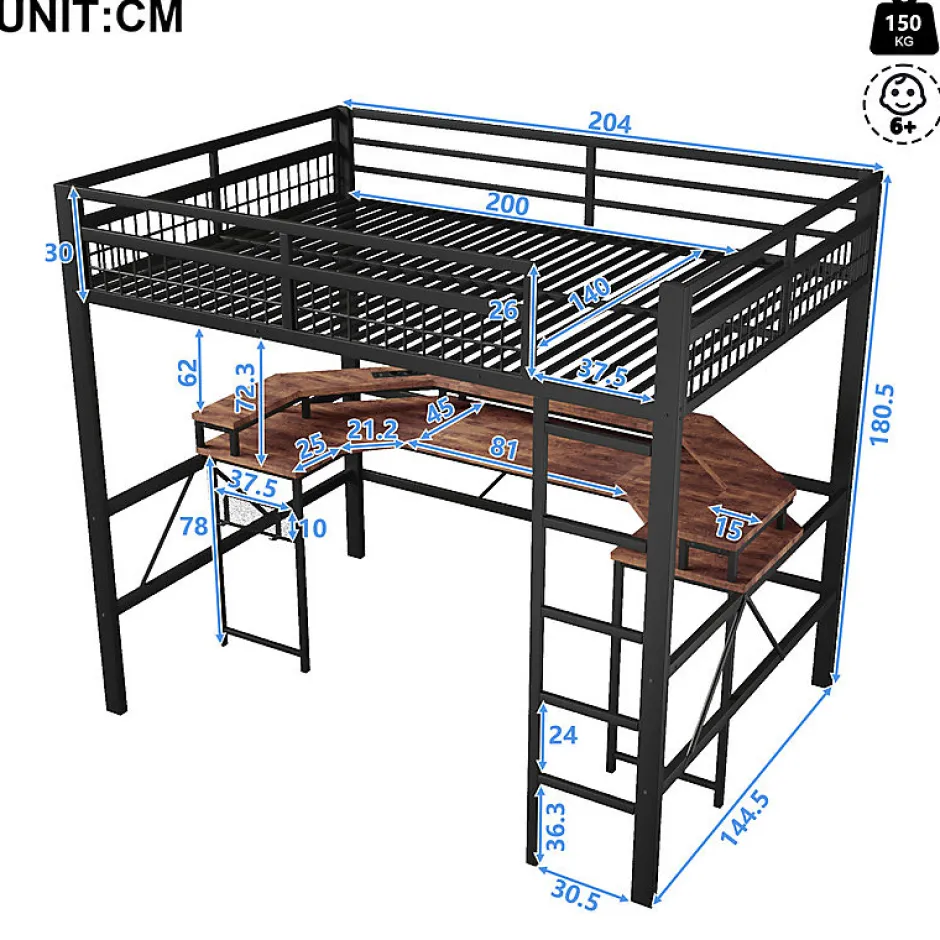 ModernLuxe Lit mezzanine 140x200cm - structure en fer - bureau intégré - LED - USB et prise - noir (matelas non inclus) Sale