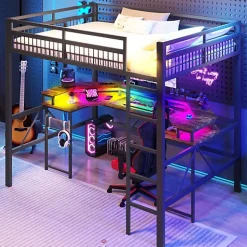 ModernLuxe Lit mezzanine 140x200cm - structure en fer - bureau intégré - LED - USB et prise - noir (matelas non inclus) Sale