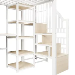 ModernLuxe Lit mezzanine 90x200cm - structure en fer - échelle de rangement - bureau - LED - USB - blanc (matelas non inclus) Hot