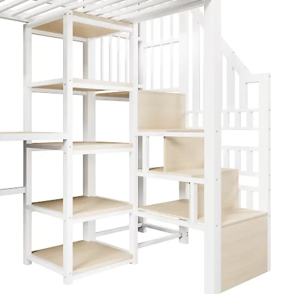 ModernLuxe Lit mezzanine 90x200cm - structure en fer - échelle de rangement - bureau - LED - USB - blanc (matelas non inclus) Hot