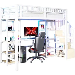 ModernLuxe Lit mezzanine 90x200cm - structure en fer - échelle de rangement - bureau - LED - USB - blanc (matelas non inclus) Hot