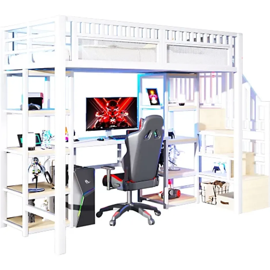 ModernLuxe Lit mezzanine 90x200cm - structure en fer - échelle de rangement - bureau - LED - USB - blanc (matelas non inclus) Hot