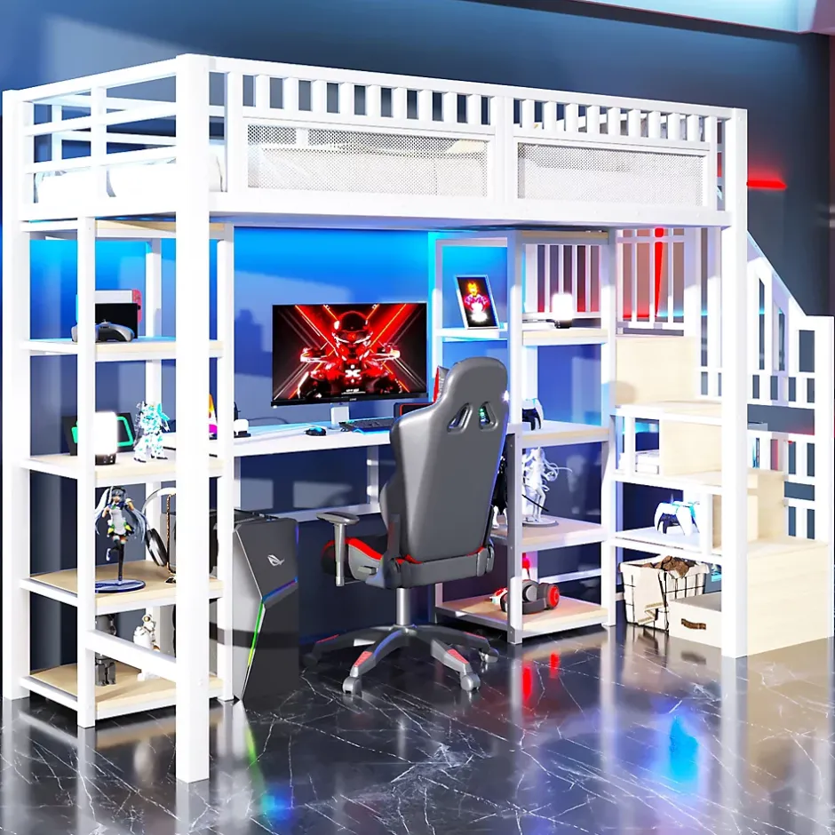 ModernLuxe Lit mezzanine 90x200cm - structure en fer - échelle de rangement - bureau - LED - USB - blanc (matelas non inclus) Hot