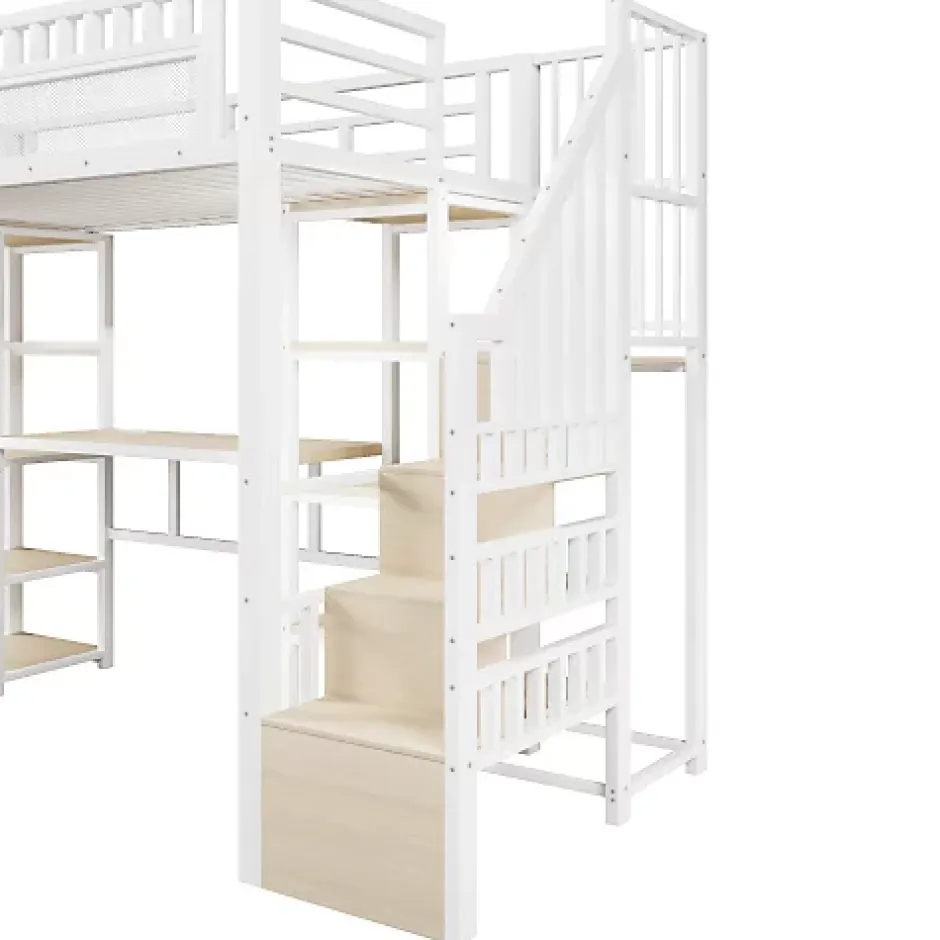 ModernLuxe Lit mezzanine 90x200cm - structure en fer - échelle de rangement - bureau - LED - USB - blanc (matelas non inclus) Hot