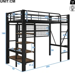 ModernLuxe Lit mezzanine 90x200cm - structure en fer - rangements - éclairage LED - noir (matelas non inclus) Sale