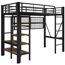 ModernLuxe Lit mezzanine 90x200cm - structure en fer - rangements - éclairage LED - noir (matelas non inclus) Sale