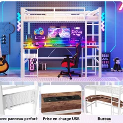 ModernLuxe Lit mezzanine 90x200cm - structure en fer - bureau intégré - LED - USB et prise - blanc (matelas non inclus)