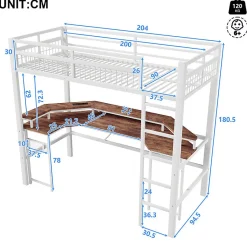 ModernLuxe Lit mezzanine 90x200cm - structure en fer - bureau intégré - LED - USB et prise - blanc (matelas non inclus)