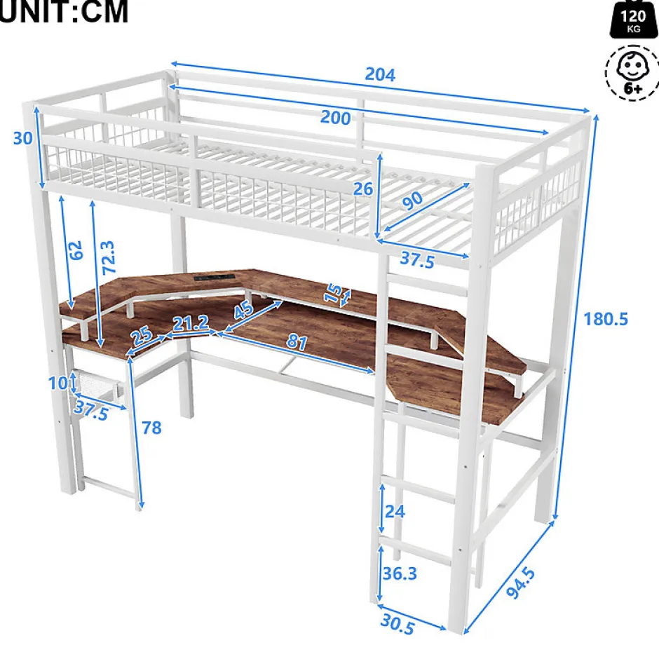 ModernLuxe Lit mezzanine 90x200cm - structure en fer - bureau intégré - LED - USB et prise - blanc (matelas non inclus)