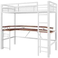 ModernLuxe Lit mezzanine 90x200cm - structure en fer - bureau intégré - LED - USB et prise - blanc (matelas non inclus)