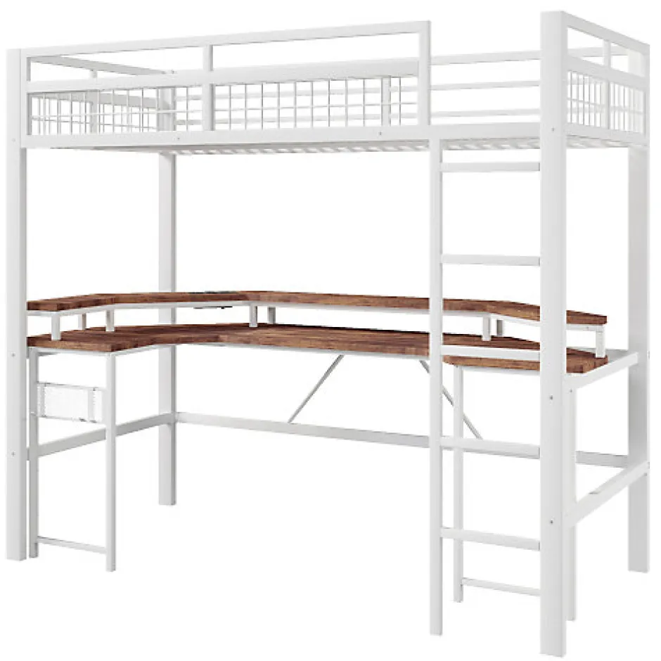 ModernLuxe Lit mezzanine 90x200cm - structure en fer - bureau intégré - LED - USB et prise - blanc (matelas non inclus)