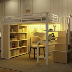 ModernLuxe Lit mezzanine 140x200cm - structure en fer - bureau - rangements - LED - escalier - blanc (matelas non inclus)