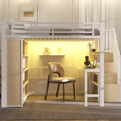 ModernLuxe Lit mezzanine 140x200cm - structure en fer - bureau - rangements - LED - escalier - blanc (matelas non inclus)