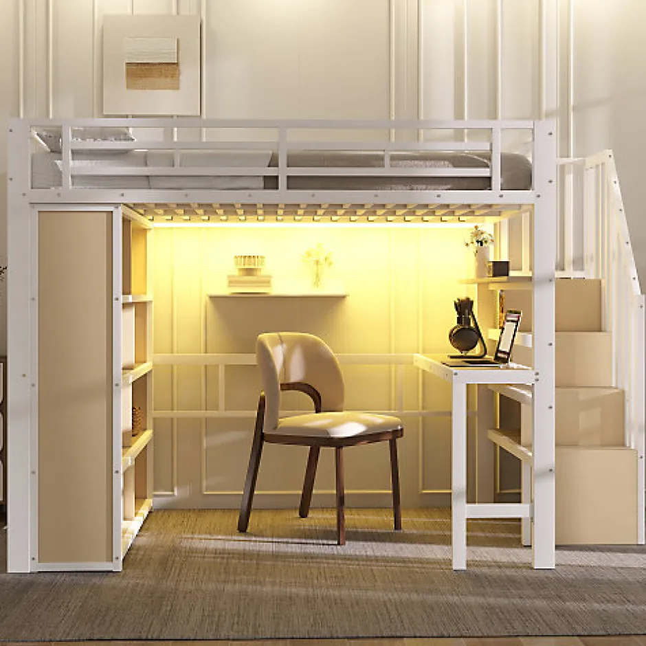 ModernLuxe Lit mezzanine 140x200cm - structure en fer - bureau - rangements - LED - escalier - blanc (matelas non inclus)