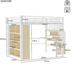 ModernLuxe Lit mezzanine 140x200cm - structure en fer - bureau - rangements - LED - escalier - blanc (matelas non inclus)