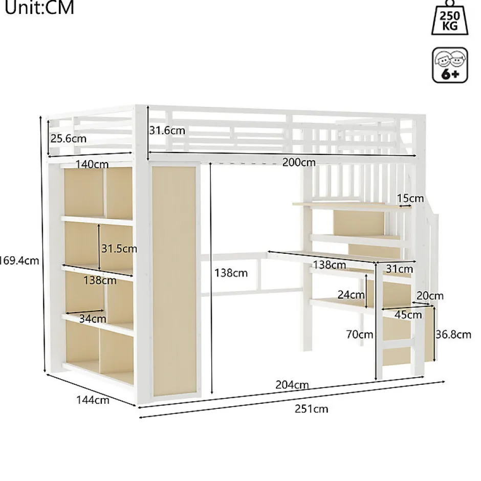 ModernLuxe Lit mezzanine 140x200cm - structure en fer - bureau - rangements - LED - escalier - blanc (matelas non inclus)
