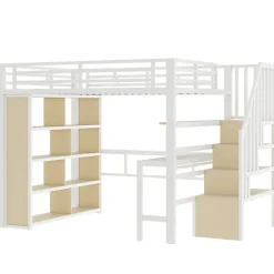 ModernLuxe Lit mezzanine 140x200cm - structure en fer - bureau - rangements - LED - escalier - blanc (matelas non inclus)