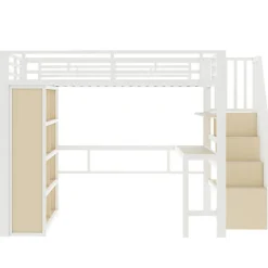 ModernLuxe Lit mezzanine 140x200cm - structure en fer - bureau - rangements - LED - escalier - blanc (matelas non inclus)