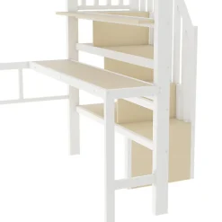 ModernLuxe Lit mezzanine 140x200cm - structure en fer - bureau - rangements - LED - escalier - blanc (matelas non inclus)