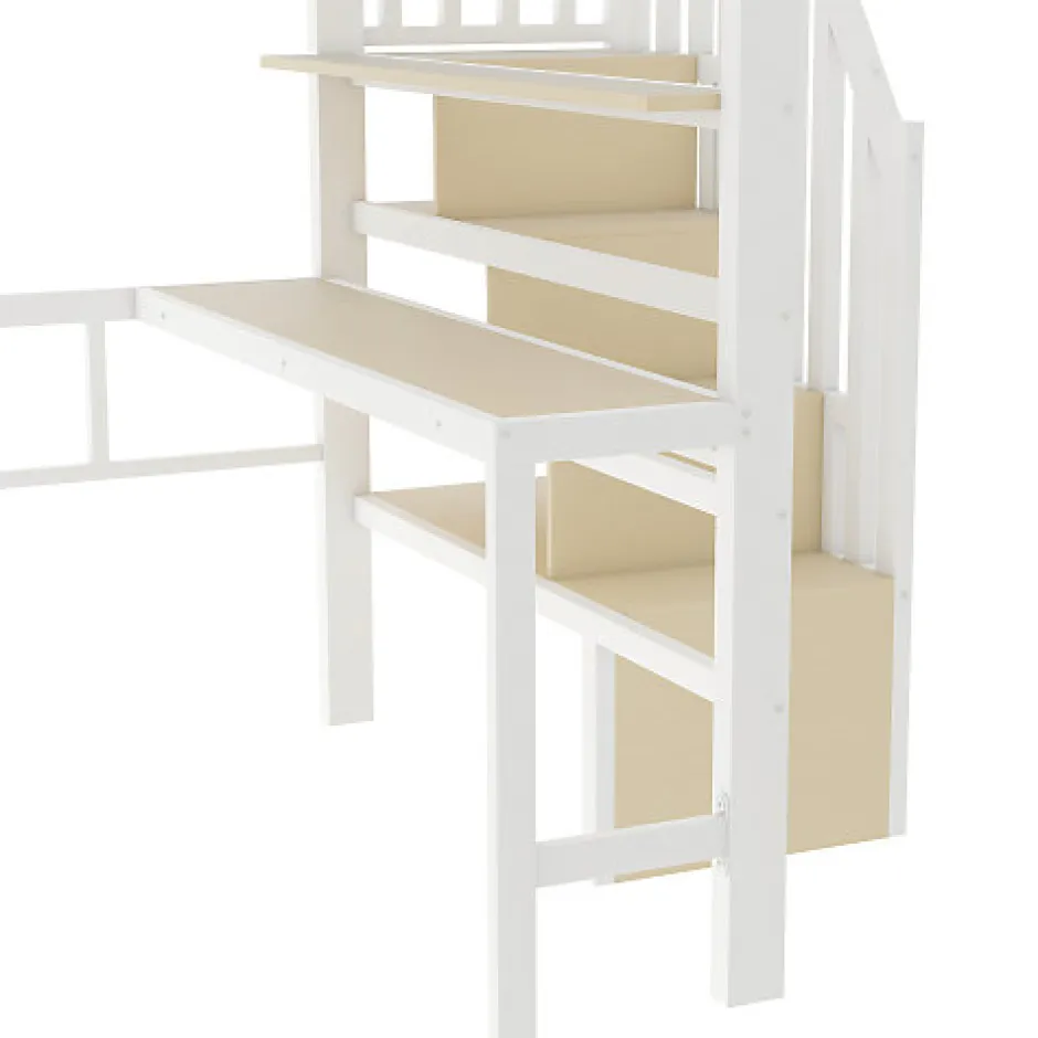 ModernLuxe Lit mezzanine 140x200cm - structure en fer - bureau - rangements - LED - escalier - blanc (matelas non inclus)