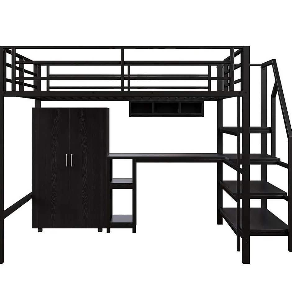 Enfant Blackcolors Lit Mezzanine 140X200Cm Armoire Bureau Noir
