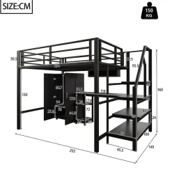 Enfant Blackcolors Lit Mezzanine 140X200Cm Armoire Bureau Noir