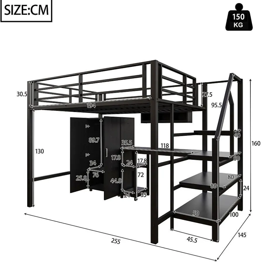 Enfant Blackcolors Lit Mezzanine 140X200Cm Armoire Bureau Noir