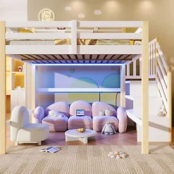 ModernLuxe Lit mezzanine 140x200cm avec LED - avec échelle de rangement - compartiments de rangement - Blanc + Naturel (sans matelas)