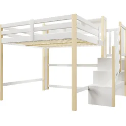ModernLuxe Lit mezzanine 140x200cm avec LED - avec échelle de rangement - compartiments de rangement - Blanc + Naturel (sans matelas)