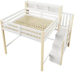 ModernLuxe Lit mezzanine 140x200cm avec LED - avec échelle de rangement - compartiments de rangement - Blanc + Naturel (sans matelas)