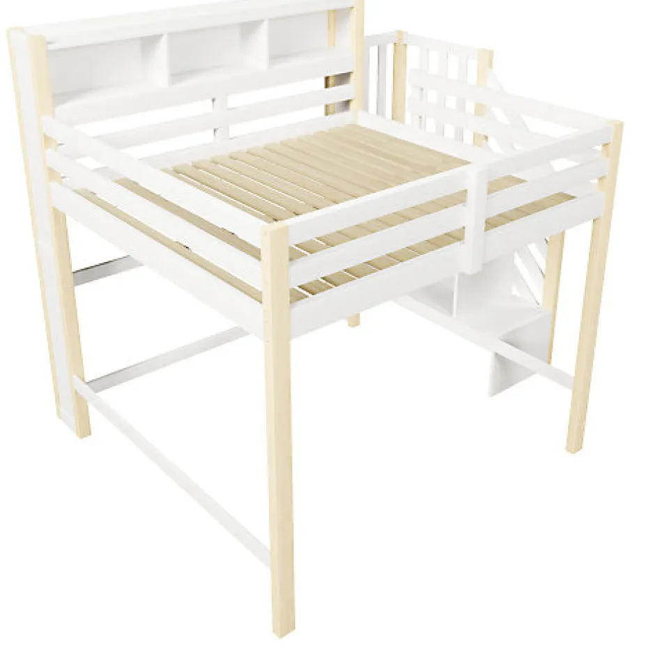 ModernLuxe Lit mezzanine 140x200cm avec LED - avec échelle de rangement - compartiments de rangement - Blanc + Naturel (sans matelas)