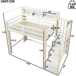 ModernLuxe Lit mezzanine 90x200cm avec LED - avec échelle de rangement - compartiments de rangement - Blanc + Naturel (sans matelas) Best