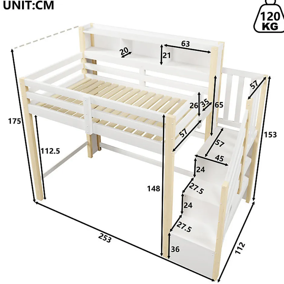 ModernLuxe Lit mezzanine 90x200cm avec LED - avec échelle de rangement - compartiments de rangement - Blanc + Naturel (sans matelas) Best