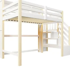 ModernLuxe Lit mezzanine 90x200cm avec LED - avec échelle de rangement - compartiments de rangement - Blanc + Naturel (sans matelas) Best