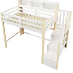 ModernLuxe Lit mezzanine 90x200cm avec LED - avec échelle de rangement - compartiments de rangement - Blanc + Naturel (sans matelas) Best