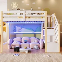 ModernLuxe Lit mezzanine 90x200cm avec LED - avec échelle de rangement - compartiments de rangement - Blanc + Naturel (sans matelas) Best