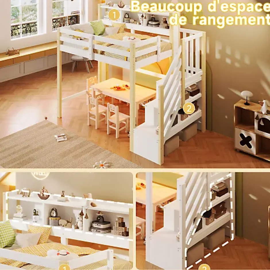 ModernLuxe Lit mezzanine 90x200cm avec LED - avec échelle de rangement - compartiments de rangement - Blanc + Naturel (sans matelas) Best