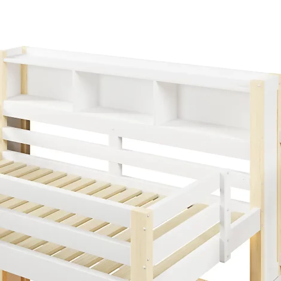 ModernLuxe Lit mezzanine 90x200cm avec LED - avec échelle de rangement - compartiments de rangement - Blanc + Naturel (sans matelas) Best